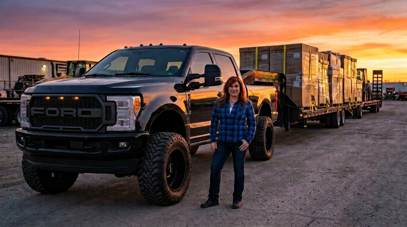 The owner of Tidewater Dispatch standing beside her Ford F-350