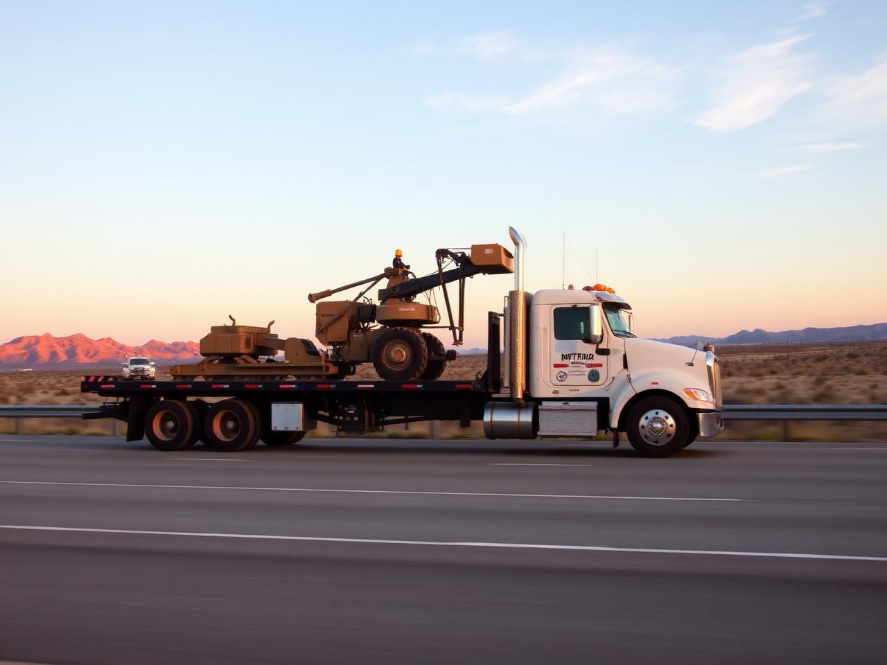 Flatbed truck hauling heavy construction equipment