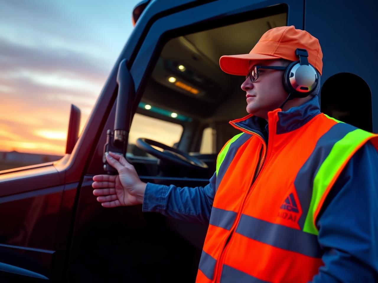 Driver performing a pre trip truck inspection at dawn