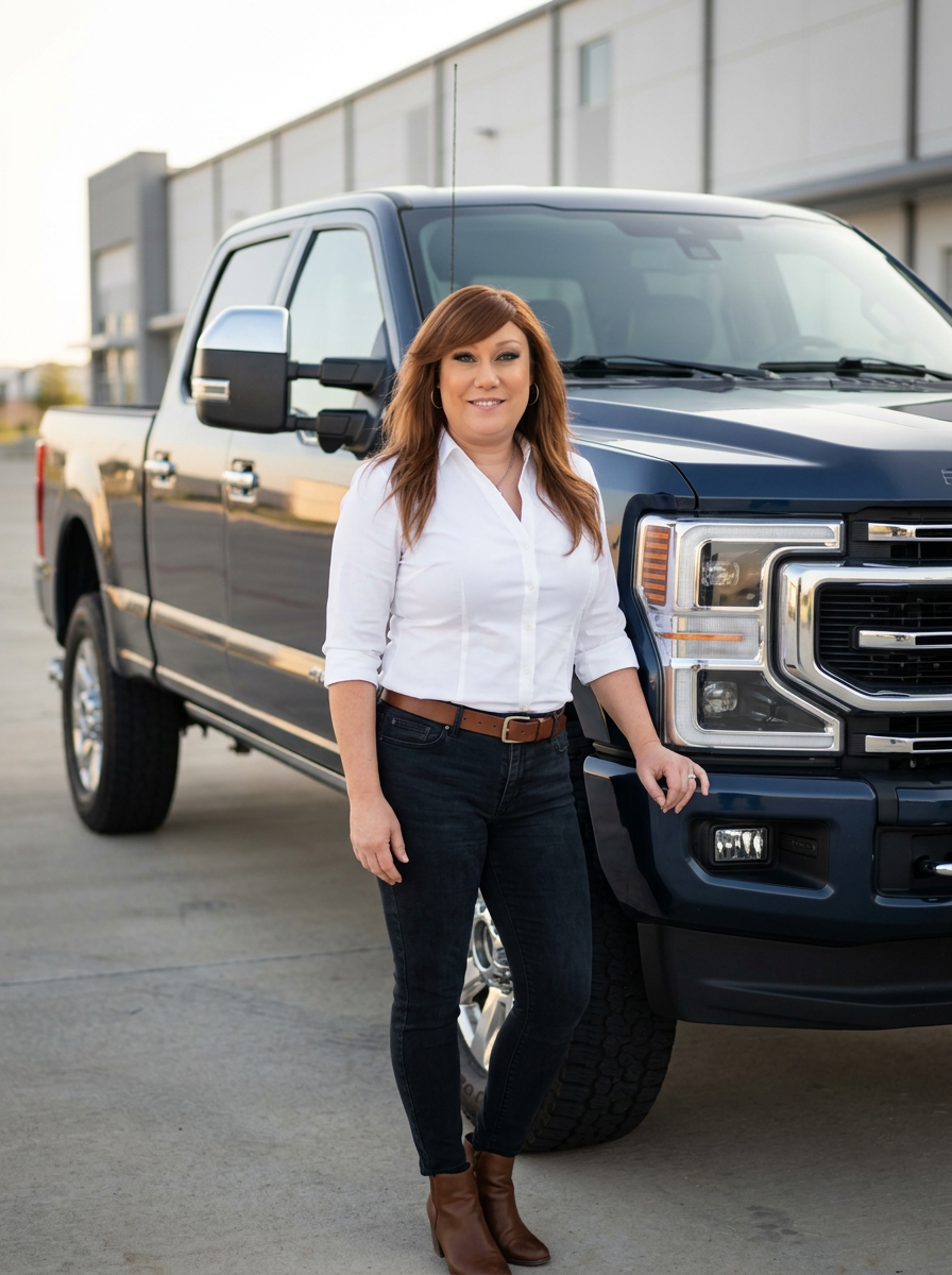 The owner of Tidewater Dispatch standing beside her Ford F-350